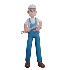 Professional Mechanic 3D Art. A mechanic holds a wrench with both hands, showcasing his readiness to work. Male Character