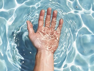 Pale, Reaching Hand Emerges from Tranquil, Watercolor-Style Pool of Light and Reflection