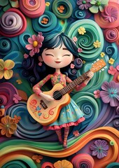 Enchanting Claymation 3D Art: Whimsical Girl Musician Playing Guitar on Stage Surrounded by Vibrant Pastel Waves and Flowers