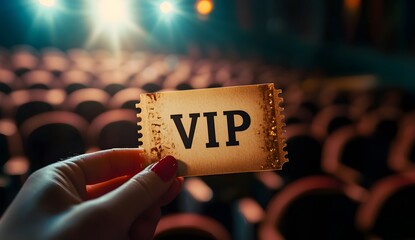 Close-up of a hand holding a "VIP" ticket with text on it, theatre interior background, copy space for your promotion. 
