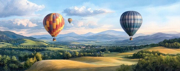 Fototapeta premium hot air balloons drifting gently over rolling hills bathed in early morning light. 