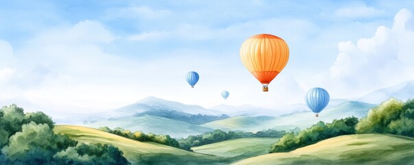 Fototapeta premium hot air balloons drifting gently over rolling hills bathed in early morning light. 
