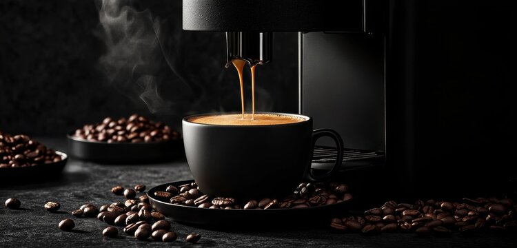 Brewed to Perfection: Modern Coffee Machine Pouring Steaming Coffee into a Black Cup