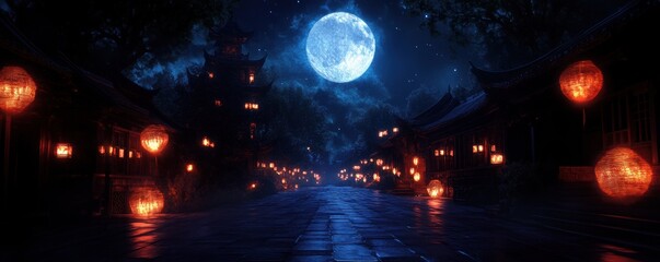 Fototapeta premium a tranquil street illuminated by glowing lanterns under a moonlit night. 