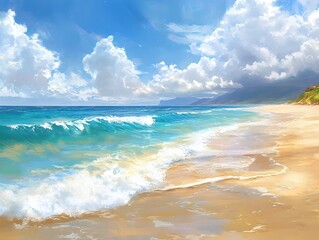 Obraz premium Serene Tropical Beach with Calming Waves and Fluffy Clouds in Cinematic Style