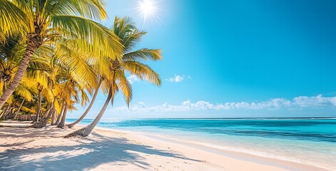 Naklejka premium A beautiful beach with palm trees and blue sky, sun shining