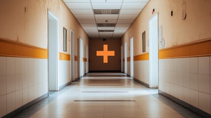 Obraz premium Abandoned, dusty hospital hallway with peeling paint and broken light fixtures