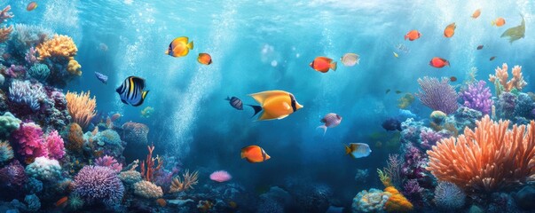 Fototapeta premium a vibrant coral reef teeming with colorful fish swimming through crystal clear water.