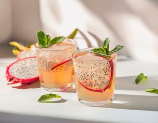 Summer cold dragon fruit fizz cocktail or iced tea with mint. Two glasses with dragon fruit on white background. ai generated