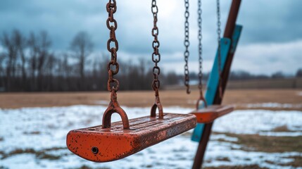 Abandoned playground with rusted swings and empty