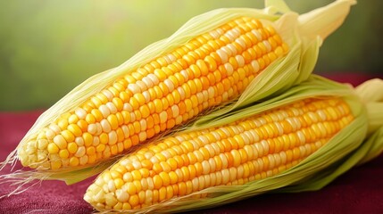 Close-up of corn on the cob with glistening kernels on a gradient background of maroon and light green, visually impactful, sharp clarity, have large negative space for text