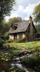 Fototapeta premium Charming Timber Framed Country Cottage Nestled in Verdant Meadow with Babbling Brook and Wildflowers