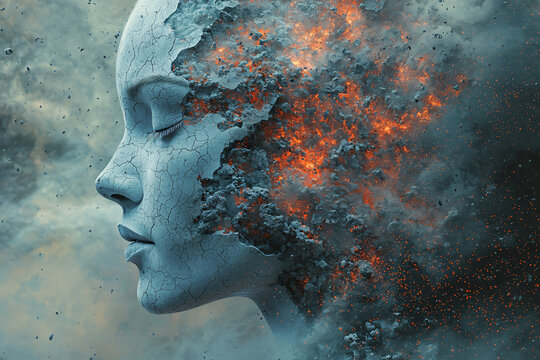 Abstract digital concept art of a fragmented human head profile disintegrating into pieces, representing mental health, identity, or transformation