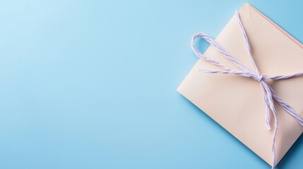 A neatly wrapped envelope tied with a ribbon, resting on a soft blue background, perfect for invitations or special messages.