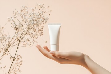 A person showcasing a luxury hand cream with a solid color background, emphasizing its elegant packaging and premium ingredients