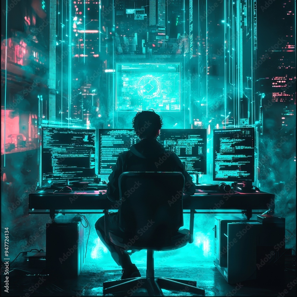 Poster Vision: Future-proof Data Center with laptops scattered around warehouses and streamlined digitalization using servers. SaaS, Cloud Services, and Web Services powered by SAAS.
