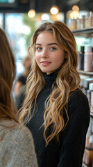 Obraz premium A young beautiful women are at a cosmetic store trying out different skincare products. they discusses ingredients and benefits with a beauty consultants, focusing on eco-friendly and organic options.