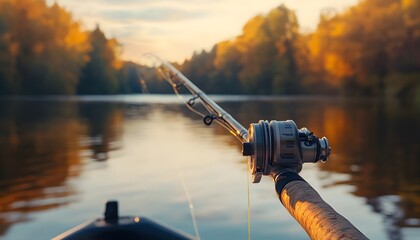Fishing rod with a spinning reel from the boat on a river at sunset. Close-up of the fishing line and reel, with a blurred background of an autumn landscape with trees.