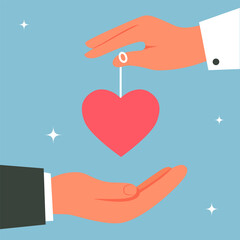 Female hand gives heart to male hand on a thread. Love, charity, donation icon concept