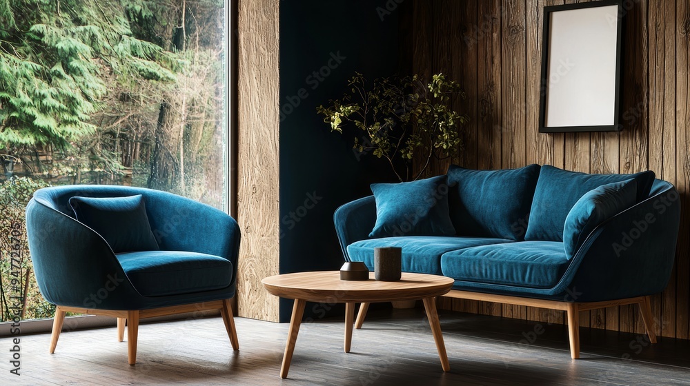 Poster a scandinavian living room with a dark blue sofa and recliner chair. photographed with the use of ge