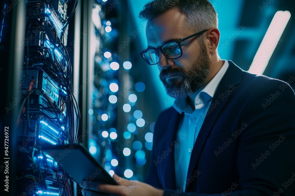 Poster Engineer holding a digital tablet standing by supercomputer server cabinets in a data center, Data Protection Network for Cyber Security.