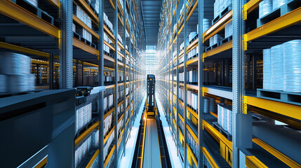 a high-tech automated storage and retrieval system in action, with robotic arms selecting items from multi-story shelving units