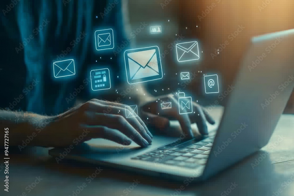 Poster Business people use a chatbot technology for online customer service. The virtual assistant and CRM software on the internet are used for automated customer service.