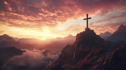 In the sky over Golgotha Hill, Christ's cross symbolizes his death and resurrection. Apocalyptic concept.