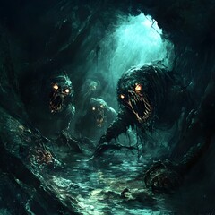 Sinister Mermaid Coven Performing Dark Ritual in Submerged Cavern with Twisted Glowing Figures