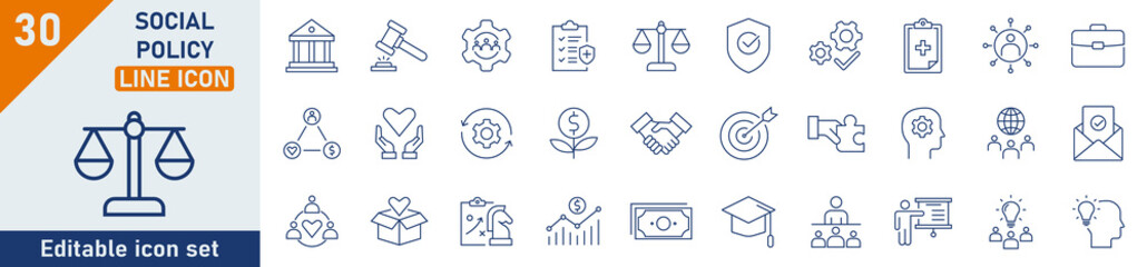 Social Policy line icon set. Set of 30 outline icons related to education, reform, services, welfare, health care, legislation, society. Social Policy outline icons collection. Vector illustration.