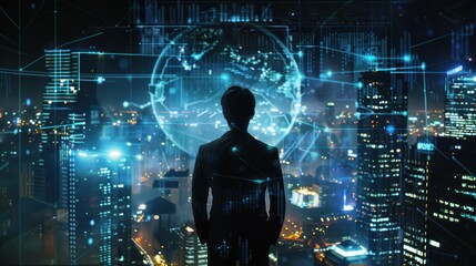 Fototapeta premium Silhouette of a Businessperson Looking at a Global Network