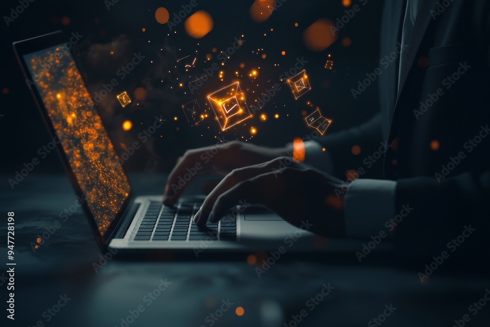 Poster The businessman uses AI in the office to analyze data, generate virtual images, and use big data as well as operating machines.