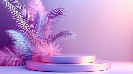 Obraz premium Pastel podium with vibrant feathers in soft lighting, A pastel-toned podium surrounded by colorful feathers, illuminated by soft lighting, creating a dreamy and elegant display setting.