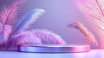 Pastel podium with vibrant feathers in soft lighting, A pastel-toned podium surrounded by colorful feathers, illuminated by soft lighting, creating a dreamy and elegant display setting.

