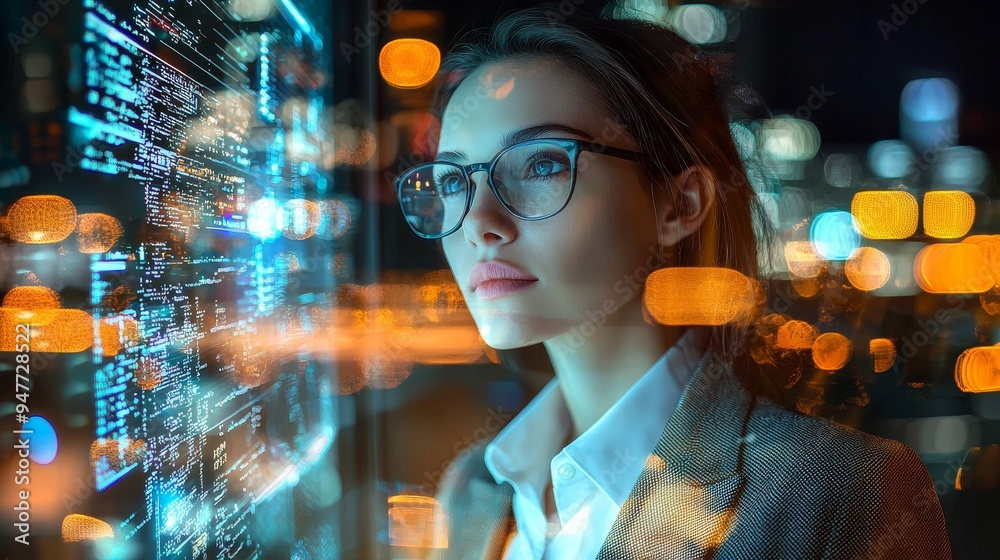 Poster Digital technology innovation touch screen interface hologram,AI generate hologram business innovation data technology business woman engineer communicate source code programing data