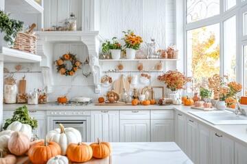 White modern kitchen decorated for fall with orange pumpkins and leaves, stock