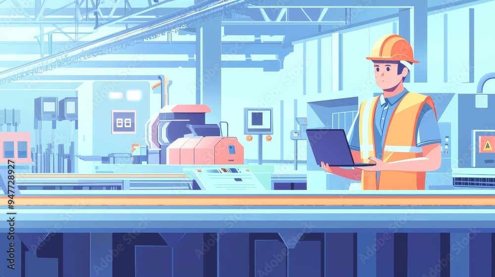 Poster Engineering check and control of welding robotics automatic arms machines in a factory for the automotive and industrial sectors. Digital manufacturing operations. Stocks.