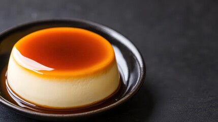 A creamy creme caramel, its glossy top reflecting the light, set against a deep, shadowy backdrop