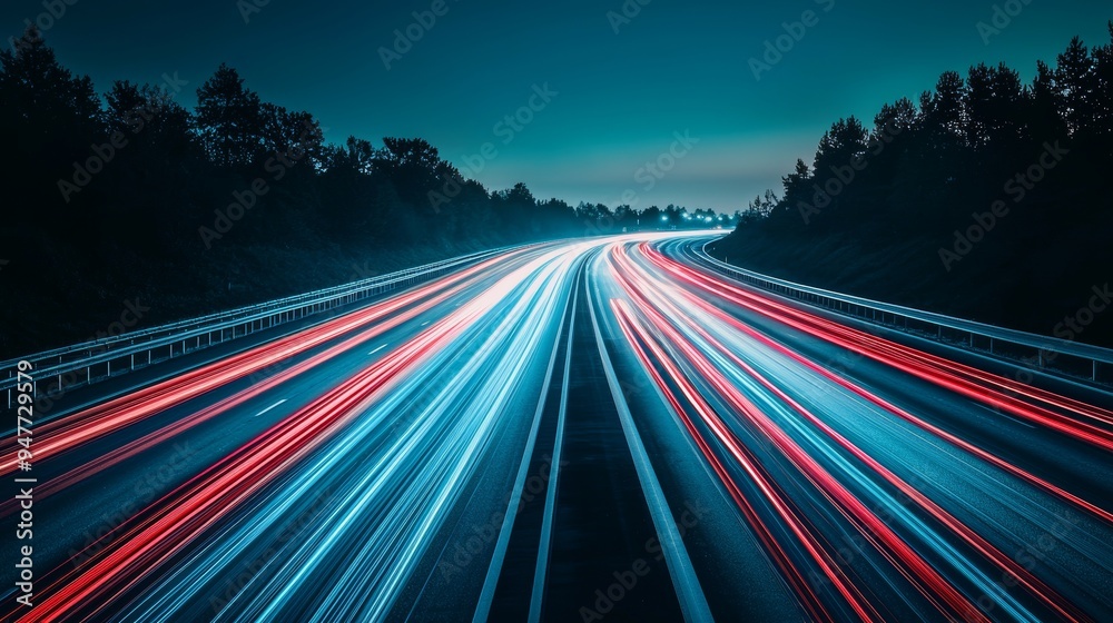 Poster A speed light line motion blur on a dark background shows data transfer simulation from blue to red lights: Stock image