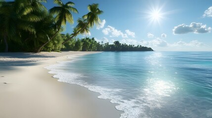 127. "A serene 3D render of a sunlit tropical beach with white sand, clear water, and palm trees