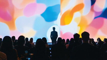 Silhouette of a speaker, host or presenter speaking in front of a large screen in an exhibition hall, with many spectators