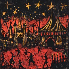 Creepy Abandoned Carnival Circus Under Starry Haunting Halloween Night with Eerie Aerialists and
