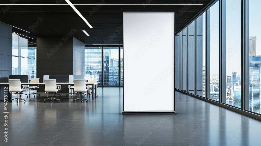 Aufkleber A white blank frame mockup with a modern business office reception background displayed as a banner with a copy space area: Stock Photo