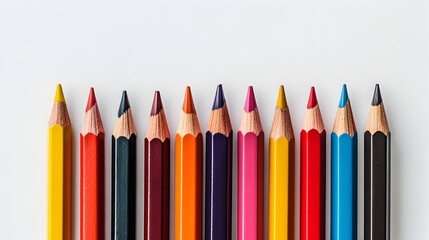 Assorted Colorful Pencils Arranged in Layout on White Background
