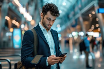 Man Using Smartphone at Airport Terminal