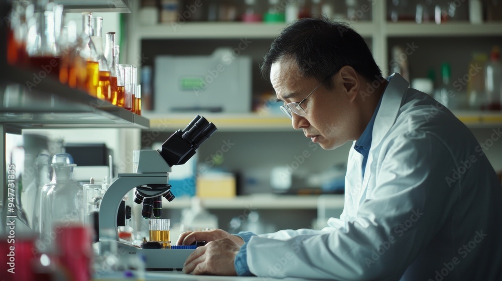 Poster Scientists analyze biochemical samples in an advanced scientific laboratory Microbiologists research viral development using microscopes Biotechnology research in science: Stock images