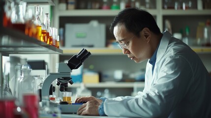 Scientists analyze biochemical samples in an advanced scientific laboratory Microbiologists research viral development using microscopes Biotechnology research in science: Stock images