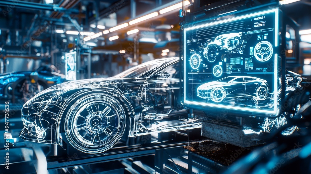 Poster concept image of electric vehicle technology industry with futuristic graphics and touch interface o
