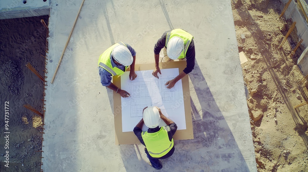 Fototapete the top shot shows the project manager or civil engineer writing at a blueprint and planning the des