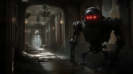 Haunted Gothic Mansion Inhabited by Restless Reanimated Robots Twisted Metal and Gears Glowing Red